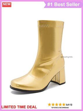 Women's Mid Calf Gogo Boots Square Toe Block Heel Side Zip Retro 70s Style